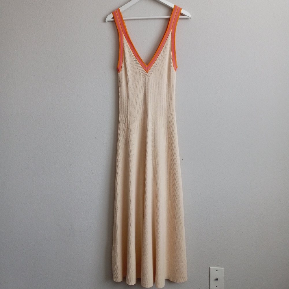 Sandro Piana V Neck Ribbed Midi Dress Ecru Orange Boarder Stripe 42 - Picture 7 of 16